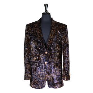 Mens Blazer Velvet Blue Gold Abstract Formal Party Jacket Wedding Sport Coat 46R